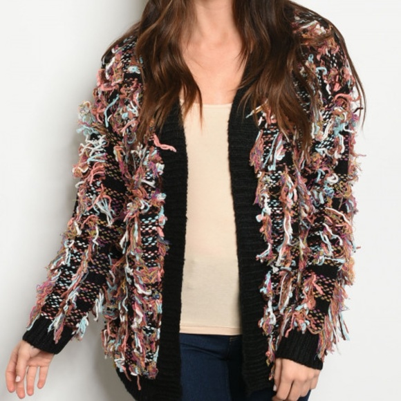 Sweaters - FRINGE AND FUN CARDIGAN - MULTI COLORED OPEN FRONT